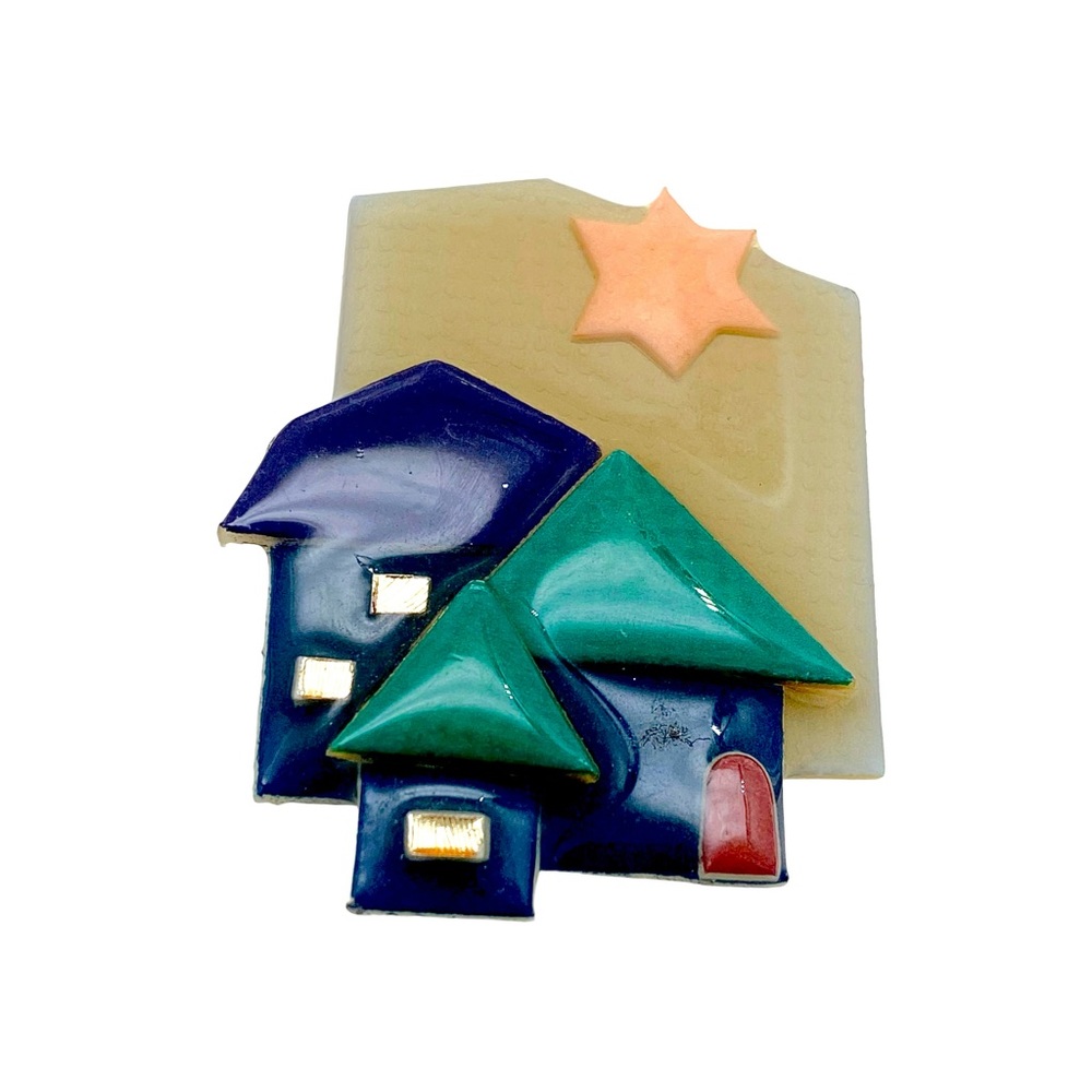 Vintage House Pins by Lucinda Brooch Pin Resin Three Houses and Sun casual